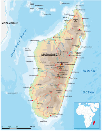 Detailed vector road map of the island nation of Madagascarのイラスト素材