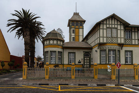 The historic Woermannhaus with tower in Swakopmund, Namibiaのeditorial素材