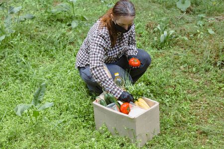 Woman delivering donations box with food during Covid 19 outbreak.Feme volunteer collects food in a...