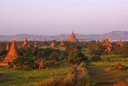Beautiful colorful view of Bagan valley with temples during sunrise, Burma Myanmarの写真素材