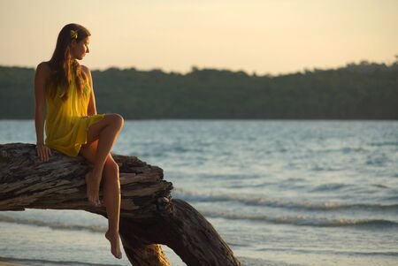 Young beautiful woman in yellow dress and with yellow flower in long hair sitting on tree on beach of tropical islandの写真素材