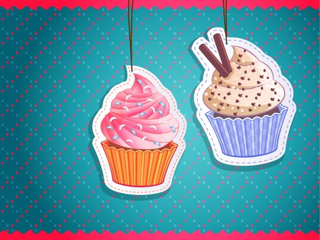 delicious cupcake stickers on colorful background, vector illustrationのイラスト素材