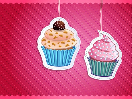 delicious cupcake stickers on colorful background, vector illustrationのイラスト素材