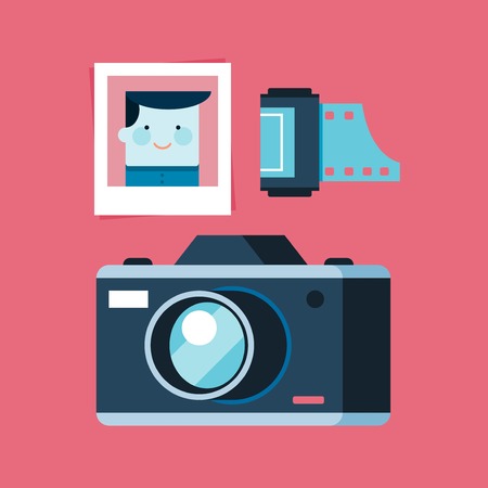 analogue photography equipment, camera, photo and film, flat style illustrationのイラスト素材