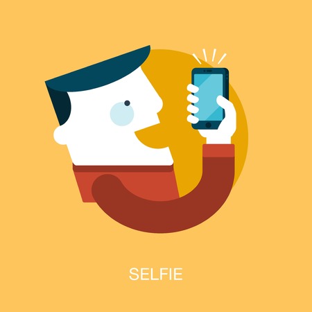 Person taking a selfie with mobile phone, illustrationのイラスト素材
