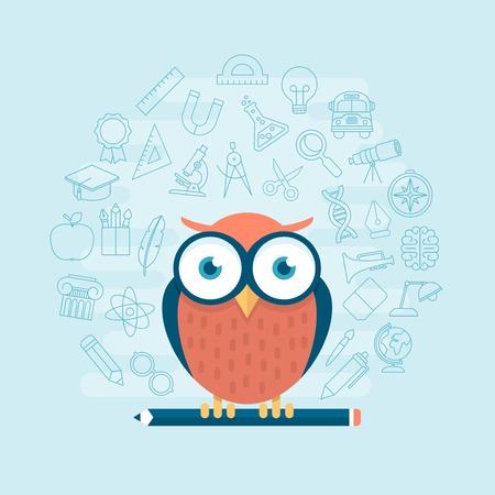 smart owl standing on pencil surrounded by thin line education themed icons, illustrationのイラスト素材