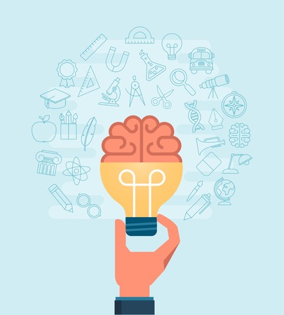 hand holding light bulb with a brain surrounded with set of thin line icons, illustrationのイラスト素材