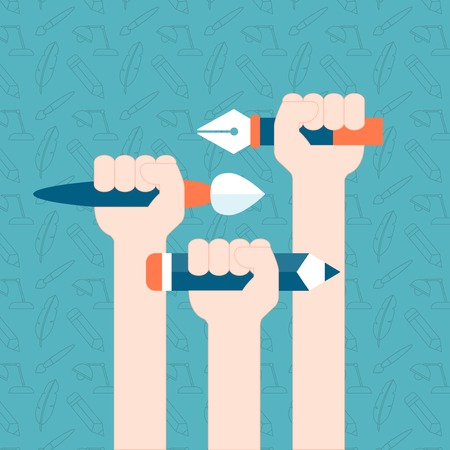 hands holding tools for drawing, illustrationのイラスト素材