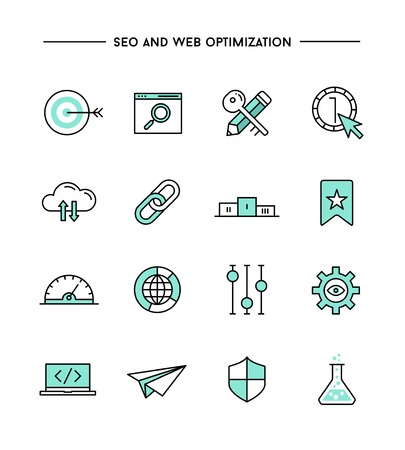 set of flat design, thin line seo and web optimization icons, vector illustrationのイラスト素材