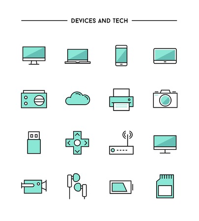set of thin line flat devices and tech icons, vector illustrationのイラスト素材