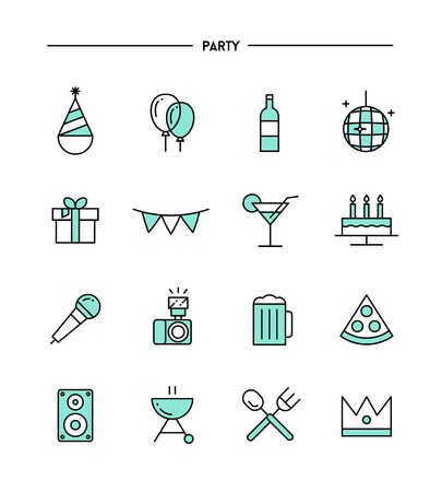 set of flat design, thin line party icons, vector illustrationのイラスト素材