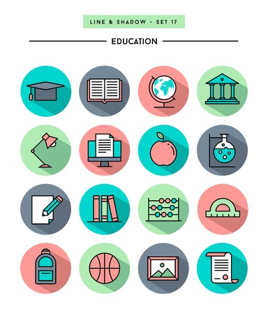 set of flat design,long shadow, thin line education iconsのイラスト素材