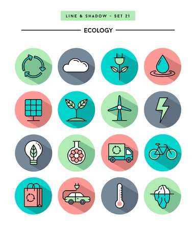 set of flat design,long shadow, thin line ecology iconsのイラスト素材