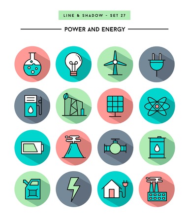set of flat design,long shadow, thin line power and energy iconsのイラスト素材