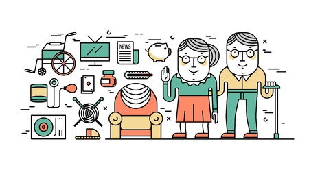 Thin line flat design concept of senior\'s lifestyle and healthcare.のイラスト素材