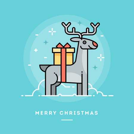 Cute reindeer carrying a gift, flat design line Christmas banner, vector illustrationのイラスト素材