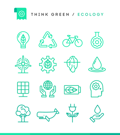 Think green! Set of ecology icons, thin line style, vector illustrationのイラスト素材