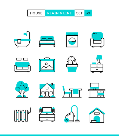 Home, interior, furniture and more. Plain and line icons set, flat design, vector illustrationのイラスト素材