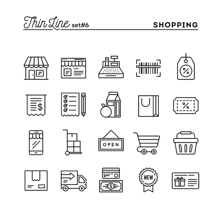 Shopping, retail, delivery, gift card, discount and more, thin line icons set, vector illustrationのイラスト素材