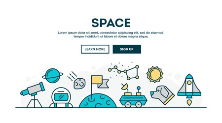 Space, colorful concept header, flat design thin line style, vector illustrationのイラスト素材
