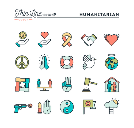Humanitarian, peace, justice, human rights and more, thin line color icons set, vector illustrationのイラスト素材