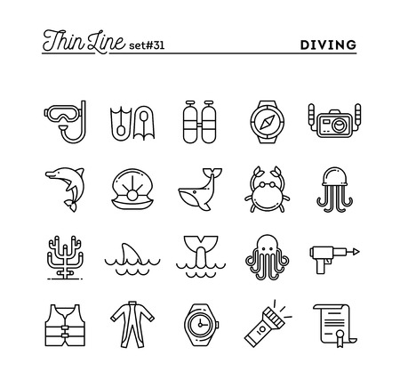 Scuba diving, underwater animals, equipment, certificate and more, thin line icons set, vector illustrationのイラスト素材