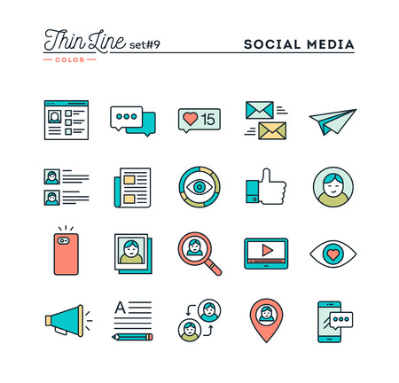Social media, communication, personal profile, online posting and more, thin line color icons set, vector illustrationのイラスト素材