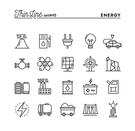 Power, energy, electricity production and more, thin line icons set, vector illustrationのイラスト素材