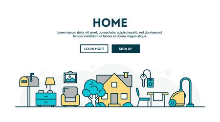 House, home, interior, colorful concept header, flat design thin line style, vector illustrationのイラスト素材