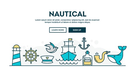 Nautical, colorful concept header, flat design thin line style, vector illustrationのイラスト素材