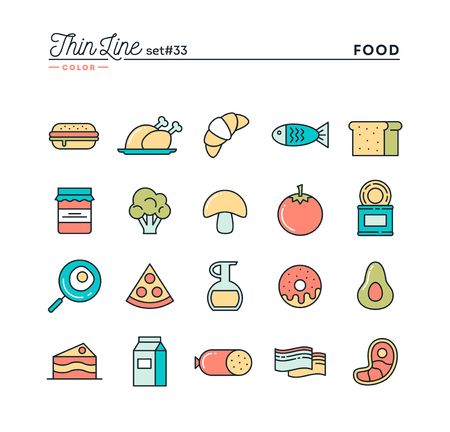 Food, meat, vegetables and more, thin line color icons set, vector illustrationのイラスト素材