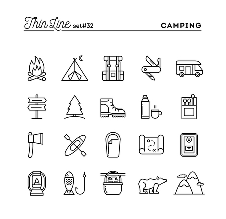 Camping, hiking, wilderness, adventure and more, thin line icons set, vector illustration