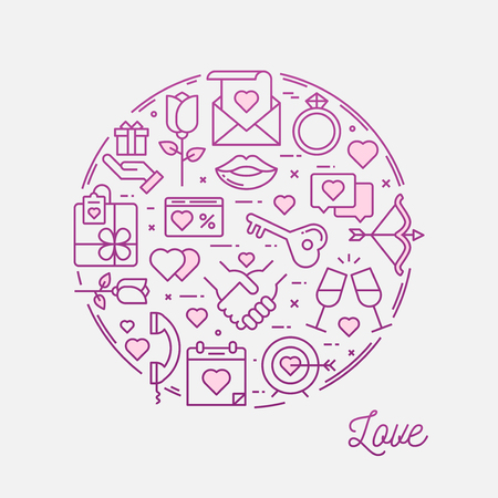Love, thin line icons circular frame banner, vector illustrationのイラスト素材