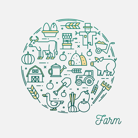 Farm, thin line icons circular frame banner, vector illustrationのイラスト素材