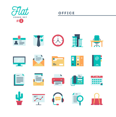 Office, work space and items, flat icons set, vector illustrationのイラスト素材