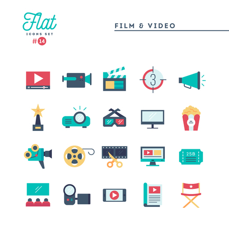 Film, video, shooting, editing and more, flat icons set, vector illustrationのイラスト素材