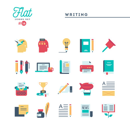 Writing, blogging, best seller book, storytelling and more, flat icons set, vector illustrationのイラスト素材
