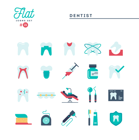 Dentist, dental care, healthy teeth, protection and more, flat icons set, vector illustrationのイラスト素材