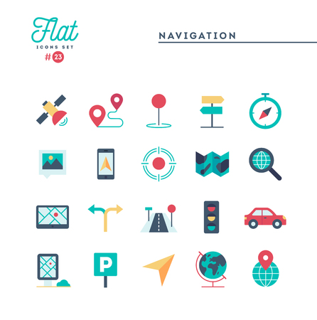 Navigation, direction, maps, traffic and more, flat icons set, vector illustrationのイラスト素材
