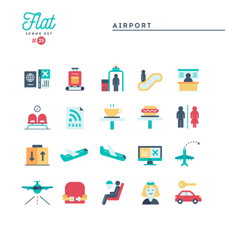 Airport, luggage scanning, flight, rent a car and more, flat icons set, vector illustrationのイラスト素材