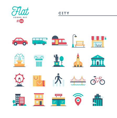 City, transportation, culture, shopping and more, flat icons set, vector illustrationのイラスト素材