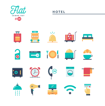 Hotel, accommodation, room service, restaurant and more, flat icons set, vector illustrationのイラスト素材