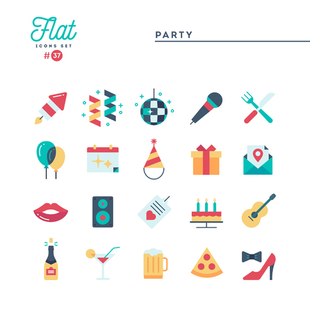 Party, celebration, fireworks, confetti and more, flat icons set, vector illustrationのイラスト素材