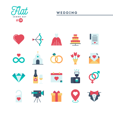 Wedding, bridal dress, event invitation, celebration party and more, flat icons set, vector illustrationのイラスト素材