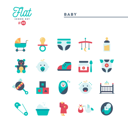 Baby, pregnancy, birth, toys and more, flat icons set, vector illustrationのイラスト素材