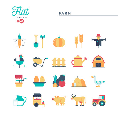 Farm, animals, land, food production and more, flat icons set, vector illustrationのイラスト素材