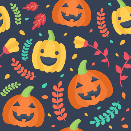 Cute Halloween seamless pattern. Pumpkins, leaves and flowers floating on a dark background. Perfect for textile, wrapping, web and all kind of decorative projects. Vector illustration.のイラスト素材