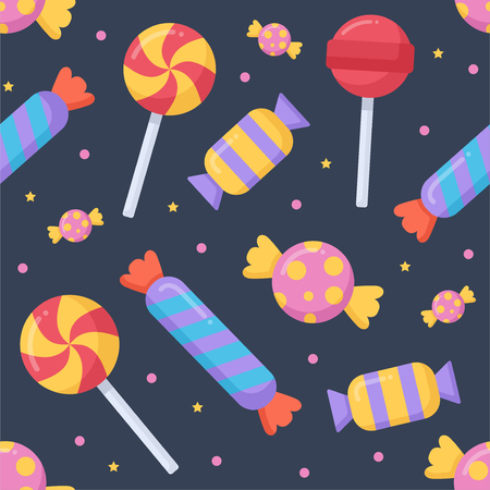 Cute candy and lolipop seamless pattern on a dark background. Vector illustration.のイラスト素材