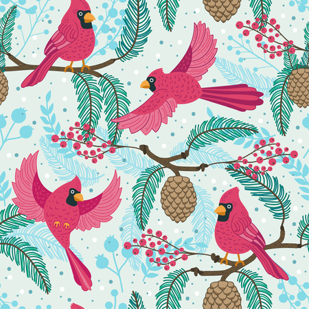 Whimsical repeating pattern. Christmas and winter theme. Red Cardinal birds, pinecones, berries and branches. Perfect for textile, wrapping, print, web and all kinds of decorative projects.の写真素材