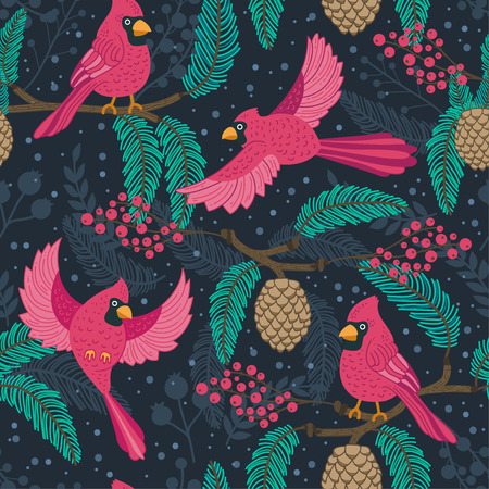 Whimsical repeating pattern. Christmas and winter theme. Red Cardinal birds, pinecones, berries and branches. Perfect for textile, wrapping, print, web and all kinds of decorative projects.の写真素材